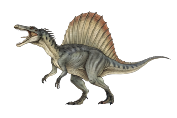 Spinosaurus Illustration: A detailed illustration of a Spinosaurus, a fearsome dinosaur known for its unique sail-like fin on its back.