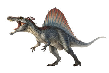 Fototapeta premium Spinosaurus Roars: A fearsome Spinosaurus, the largest known predatory dinosaur, roars with its jaws agape and distinctive sail fin fully extended.