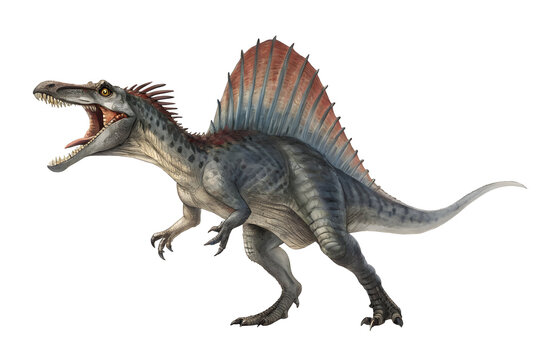 Fototapeta Spinosaurus Roars: A fearsome Spinosaurus, the largest known predatory dinosaur, roars with its jaws agape and distinctive sail fin fully extended.