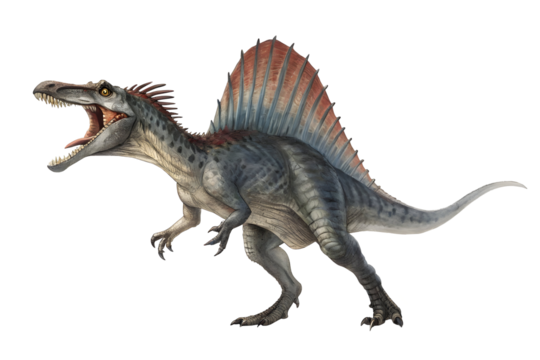 Spinosaurus Roars: A fearsome Spinosaurus, the largest known predatory dinosaur, roars with its jaws agape and distinctive sail fin fully extended.