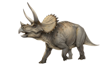Triceratops:  A digital illustration of a majestic Triceratops, an iconic herbivorous dinosaur with three horns and a frill, showcasing its imposing presence and prehistoric power.