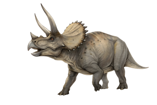 Triceratops:  A digital illustration of a majestic Triceratops, an iconic herbivorous dinosaur with three horns and a frill, showcasing its imposing presence and prehistoric power.