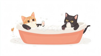 Adorable cat on carpet and cute kitten in bathtub washing, vector illustration