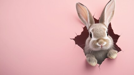 Cute Gray Bunny with Prominent Ears Peeking Through a Hole on a Soft Pink Background for Easter Cheer
