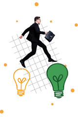 Vertical poster image collage of scream businessman run light bulb idea finding thought development power strategy carry briefcase