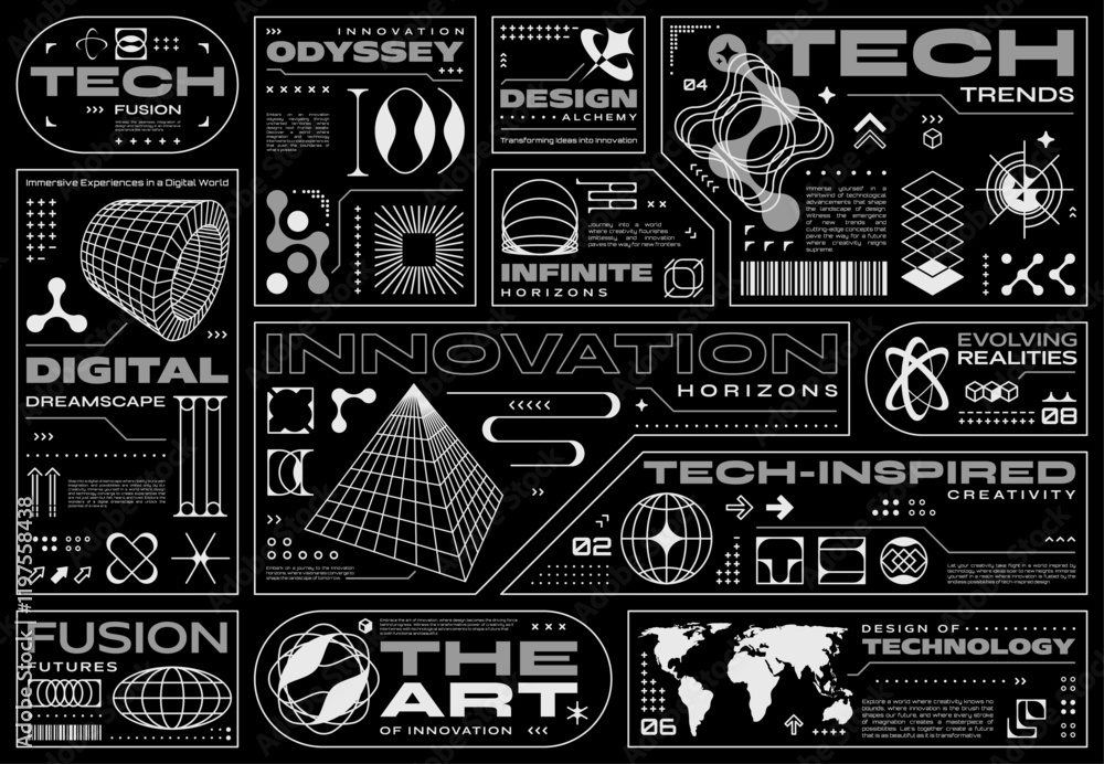 Poster retrofuturistic cyberpunk labels. vector black and white y2k, hud elements. callouts, notes, emblems