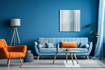 Modern living room interior with blue wall and stylish furniture arrangement