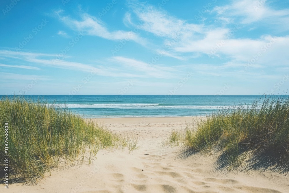 Poster serene beach pathway leading to tranquil sea and clear skies under gentle sunlight. generative ai