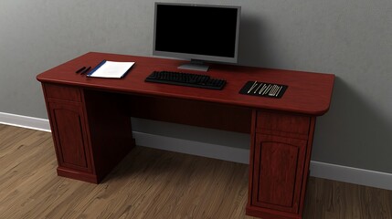 Elegant Mahogany Desk: Computer, Notebook, and Workspace