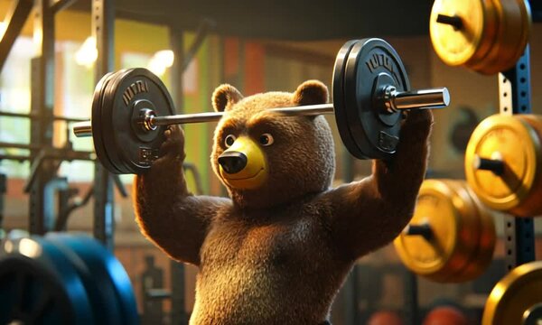 A cartoon brown bear powerfully lifting weights in a gym