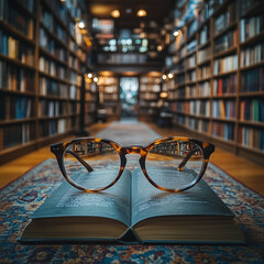 Glasses resting on an open book, with a wide library aisle and bookshelves in the background