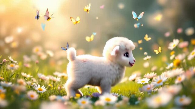 Playful Easter Lamb: Animated Lamb Dancing Joyfully in a Field of Daisies with Butterflies