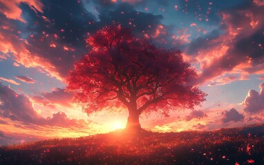 Fototapeta premium Solitary Tree Sunset Hilltop Digital Painting