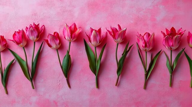 Pink tulips on textured pink background celebrating international women's day march 8 and mother's day floral theme