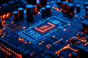 Obraz premium Close-up view of a technologically advanced circuit board with glowing components