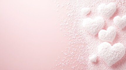 Fototapeta premium A whimsical array of white sugar hearts scattered across a soft pink backdrop, embodying love's sweetness and the spirit of Valentine's Day.