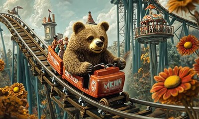 A jovial brown bear enjoys a thrilling rollercoaster ride at a vintage amusement park.