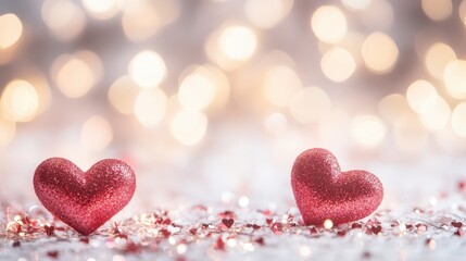 Obraz premium Two vibrant red hearts rest gracefully on a table, symbolizing love and affection, creating a romantic atmosphere perfect for Valentine's Day.