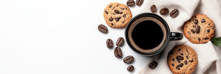 Obraz premium A top view of a black coffee cup surrounded by cookies and a linen napkin