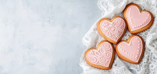 Fototapeta premium Sweetheart cookies with intricate pink icing and heart shapes placed on a delicate lace cloth celebrating love and creativity