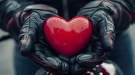 Hands in motorbike gloves holding a red heart, symbolizing love on Valentines Day for bikers