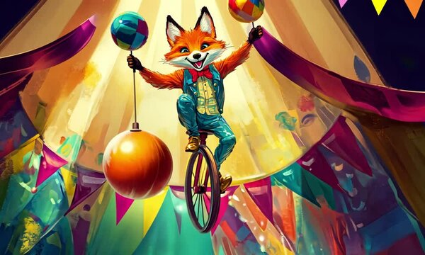 A cheerful fox acrobat juggles balls while unicycling under a circus tent.