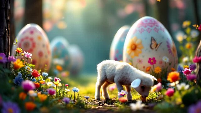 Baby Lamb Explores a Magical Easter Garden with Colorful Eggs, Flowers, and Butterflies