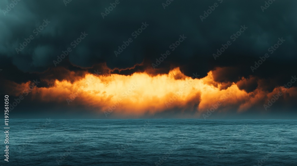 Poster a dramatic scene of dark clouds illuminated by a fiery sunset over a calm ocean, creating a striking