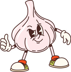 Cartoon groovy garlic vegetable character. Farming market healthy veggie happy personage, vegetarian food vegetable seasoning comical character, farm garlic veggie isolated vector groovy mascot