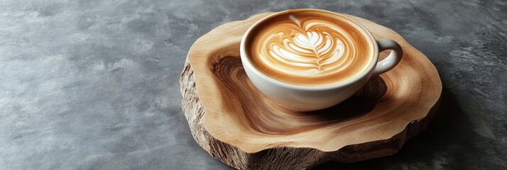 A top view of a cappuccino cup with intricate latte art on a rustic wooden plate