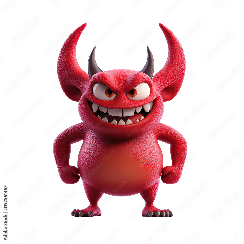 Poster playful cartoon devil character with mischievous expression stands confidently on a transparent back