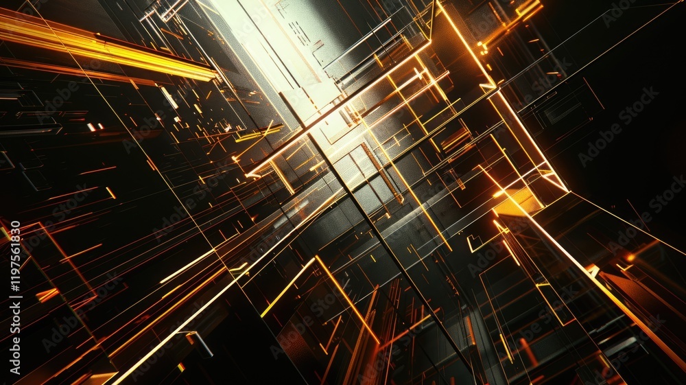 Poster a striking abstract scene featuring dynamic lines and illuminated patterns in a 3d space. perfect fo