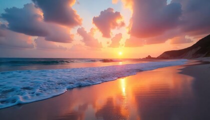 Fototapeta premium Serene Sunset Beachscape: A Coastal Paradise at Golden Hour