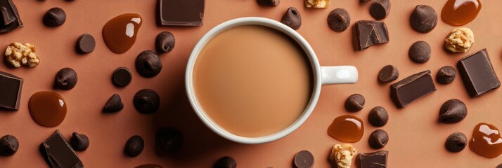 A top view of a coffee cup surrounded by chocolate chips and caramel sauce