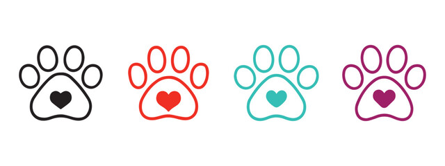 pet paw outline icon symbol vector with heart icon inside
