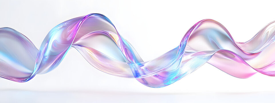 3d abstract liquid glass ribbon with transparent wave lines, rainbow fluid curves, holographic gradient textures, and dispersion light effects for modern design elements in a glossy flying form.