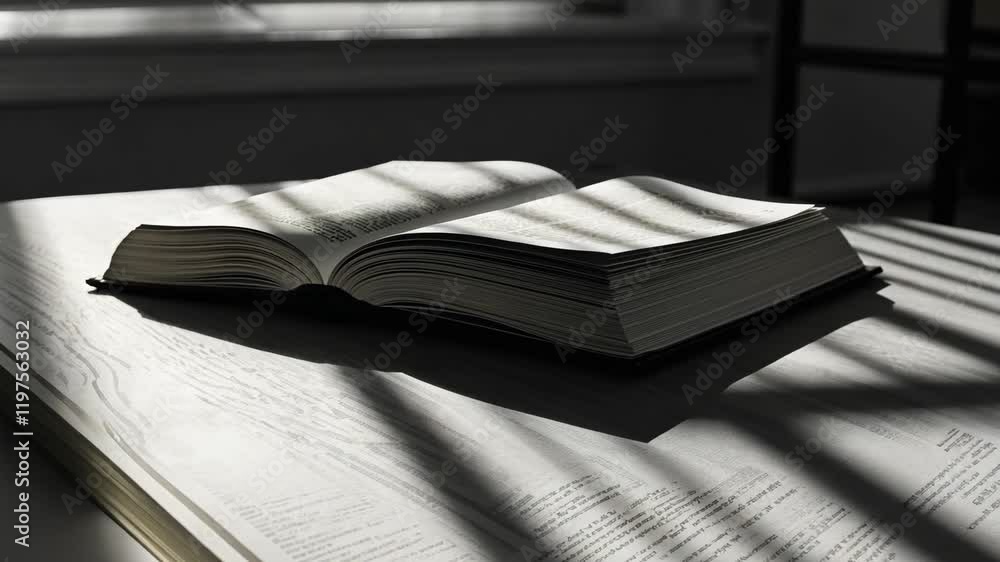 Poster light and shadow dance on the pages of an open book resting on a table near a window