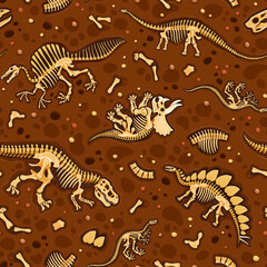 Prehistoric dinosaur fossils seamless pattern features dino bones and skeletons arranged on brown, textured soil background. Vector tile, wallpaper or textile with cartoon ancient skeletal structures © Vector Tradition
