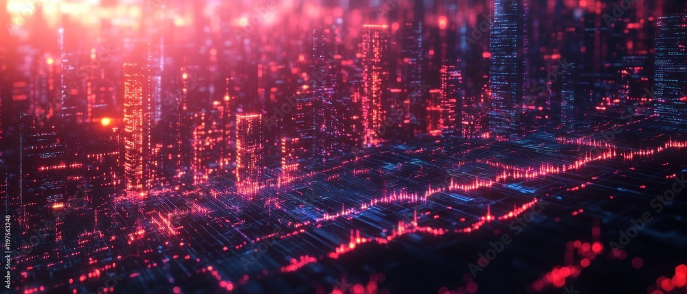 Poster abstract digital cityscape with glowing lights and data patterns.
