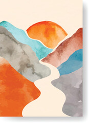 Abstract landscape painting depicting an orange sun rising over a range of colorful watercolor mountains with a creamy river flowing through, creating a serene and artistic scene