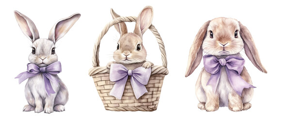 Fototapeta premium Watercolor Easter Bunnies with Lavender Bows, Wicker Basket, Cute Rabbits, Spring Holiday Illustration, Easter Card Design, and Pastel Bunny Art