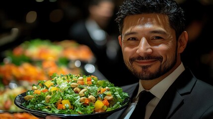 Smiling waiter presenting a fresh and healthy salad at a catered event
