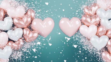 Fototapeta premium Hearts float gently through the snowy air, creating a whimsical scene of love and winter's embrace, perfect for Valentine's Day.