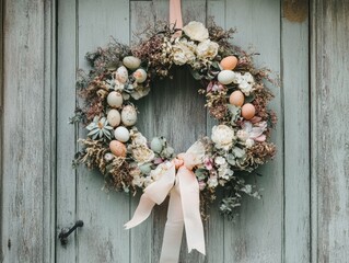 Elegant spring wreath adorned with pastel eggs on a weathered door