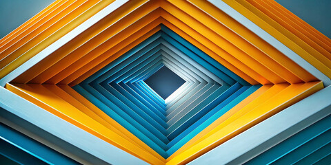 Geometric shapes create a stunning tunnel of layered diamonds that transition from bright orange to cool blue tones.Design creates a sense of depth and perspective. Wallpaper, background or banner. AI