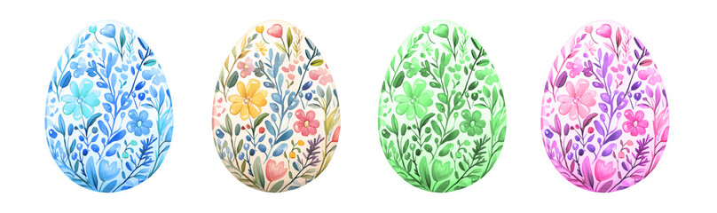 Watercolor Floral Easter Eggs Illustration Set with Pastel Colors, Spring Flowers, Botanical Patterns, and Decorative Hand-Painted Designs