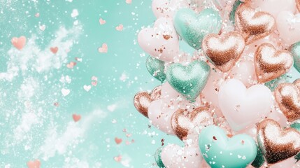 Whimsical balloons and vibrant hearts dance in the sky, creating a joyful celebration of love against a serene blue backdrop.