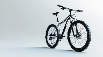 Obraz premium Sleek silver and black mountain bike on white background.