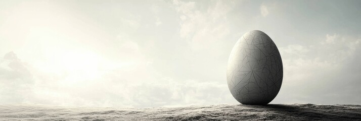 Mysterious stone egg on vast landscape under overcast sky