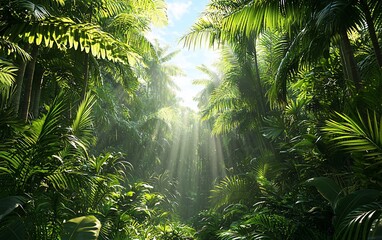 Naklejka premium Sunbeams pierce lush, green tropical rainforest canopy.